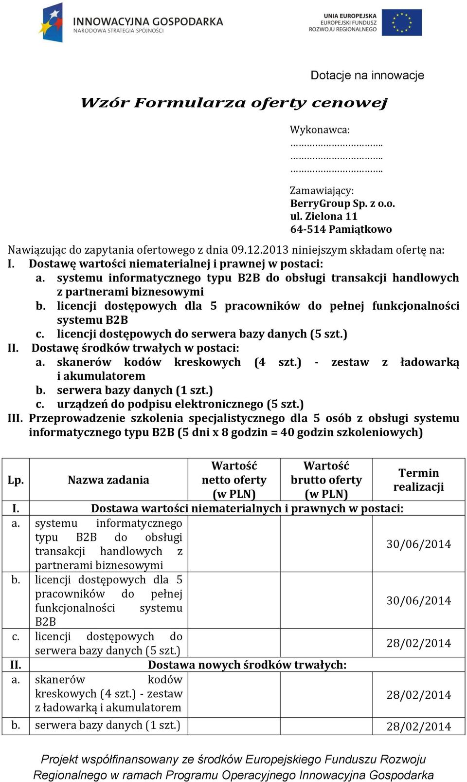 licencji dostępowych dla 5 pracowników do pełnej funkcjonalności systemu B2B c. licencji dostępowych do serwera bazy danych (5 szt.) II. Dostawę środków trwałych w postaci: a.