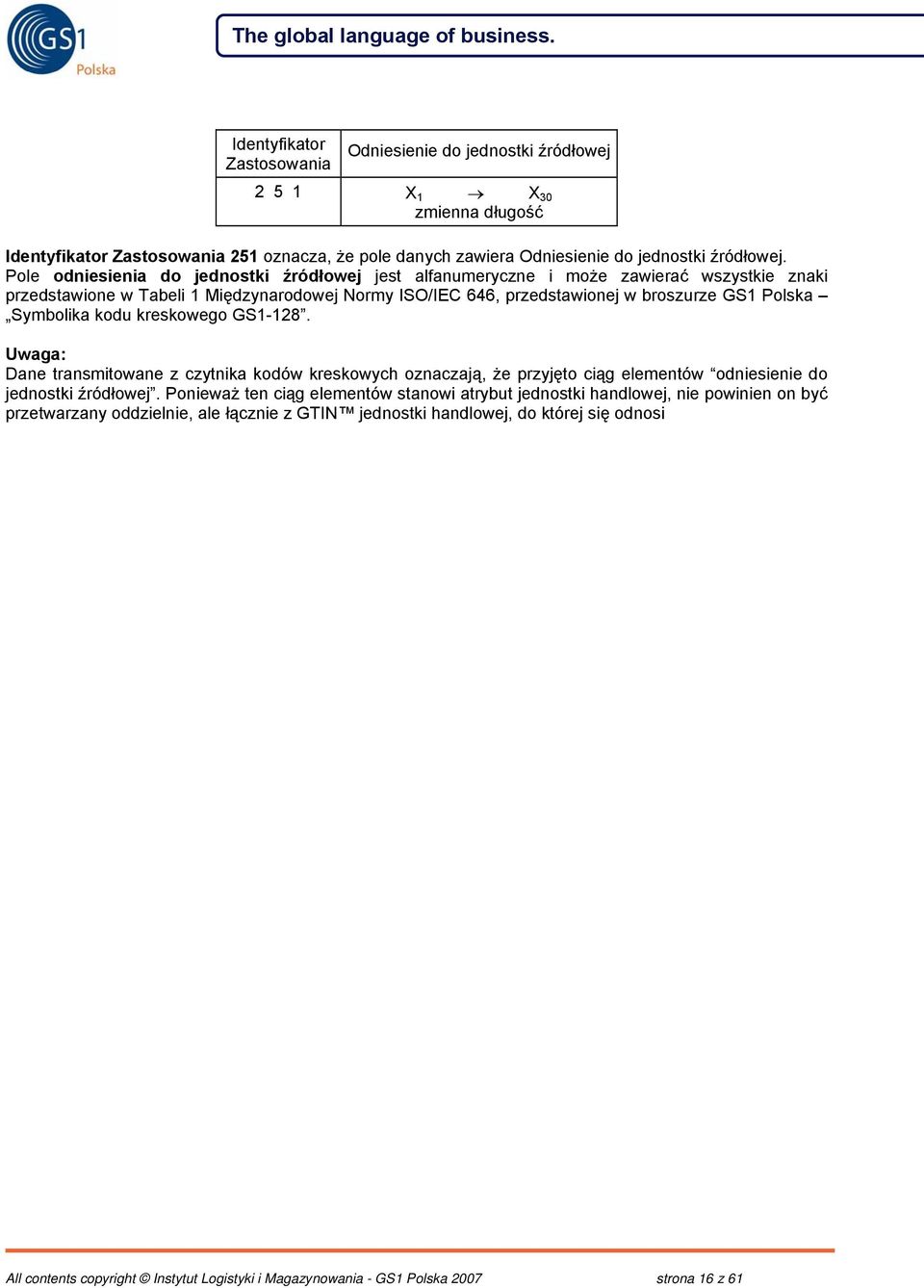 Polska Symbolika kodu kreskowego GS1-128. Uwaga: Dane transmitowane z czytnika kodów kreskowych oznaczają, że przyjęto ciąg elementów odniesienie do jednostki źródłowej.