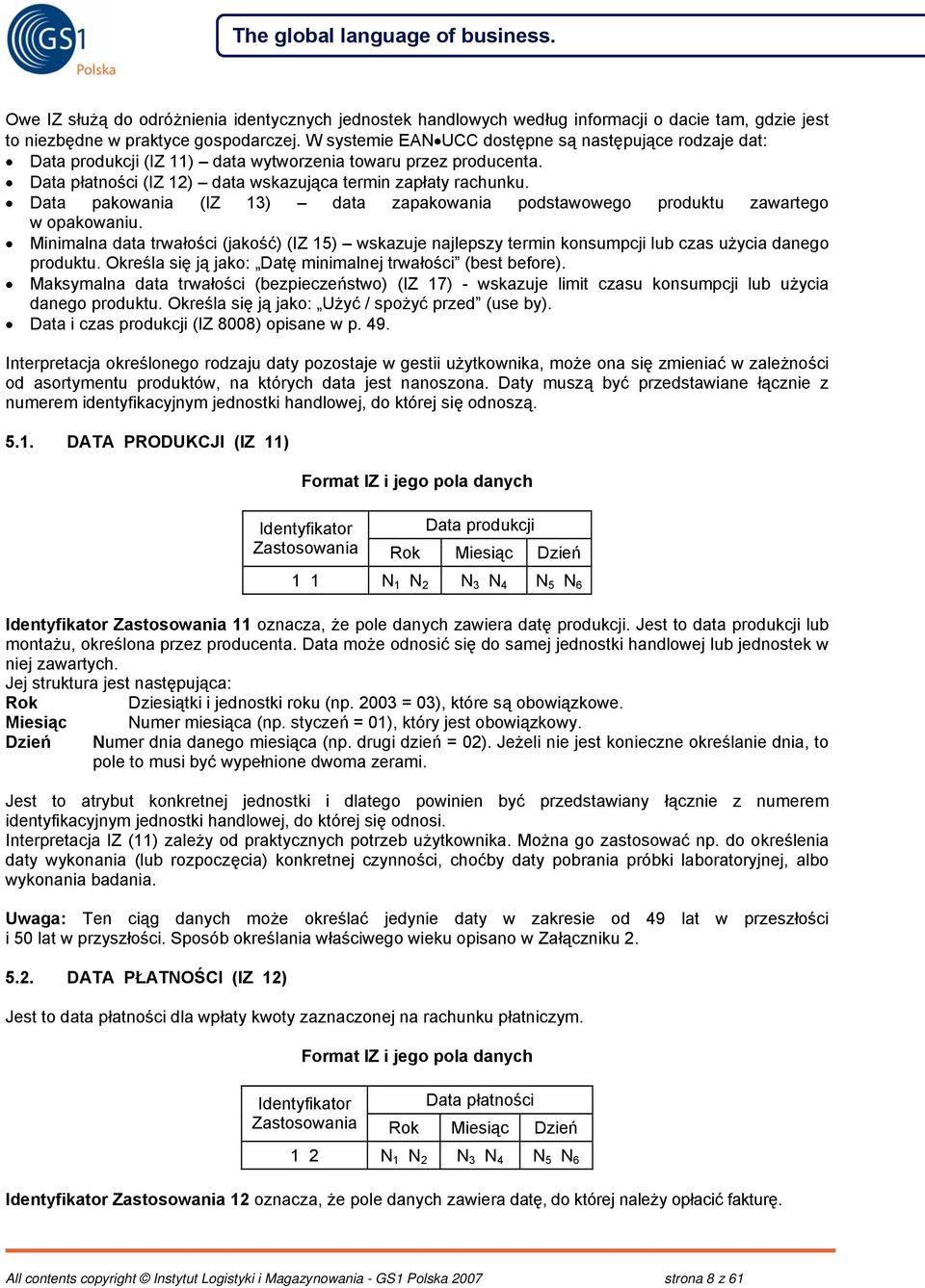 Data pakowania (IZ 13) data zapakowania podstawowego produktu zawartego w opakowaniu. Minimalna data trwałości (jakość) (IZ 15) wskazuje najlepszy termin konsumpcji lub czas użycia danego produktu.