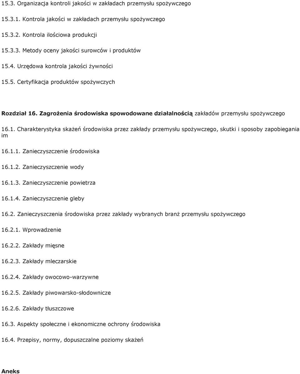 1.1. Zanieczyszczenie środowiska 16.1.2. Zanieczyszczenie wody 16.1.3. Zanieczyszczenie powietrza 16.1.4. Zanieczyszczenie gleby 16.2. Zanieczyszczenia środowiska przez zakłady wybranych branż przemysłu spożywczego 16.