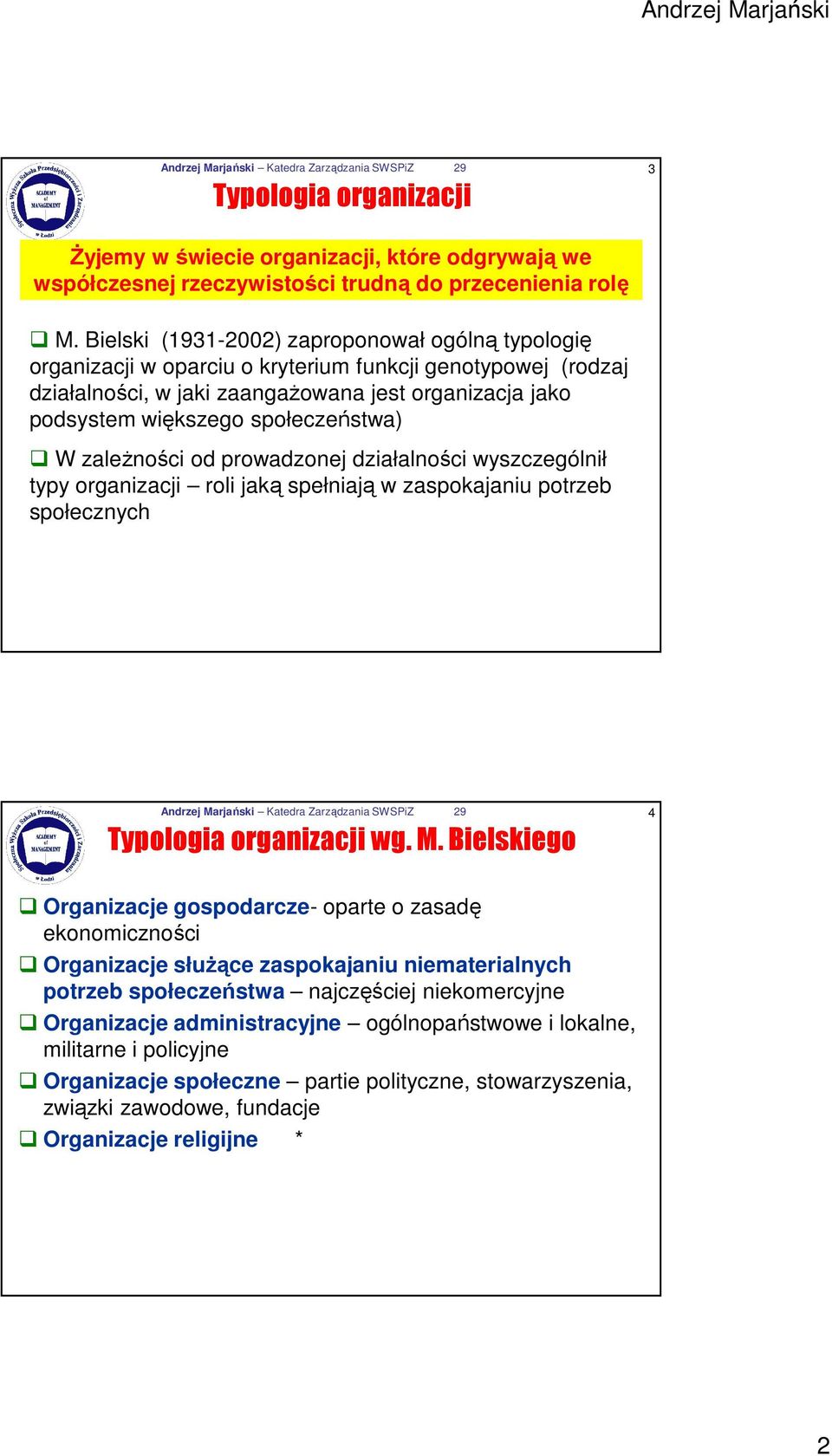 społeczeństwa) W zaleŝności od prowadzonej działalności wyszczególnił typy organizacji roli jaką spełniają w zaspokajaniu potrzeb społecznych Andrzej Marjański Katedra Zarządzania SWSPiZ 29 4