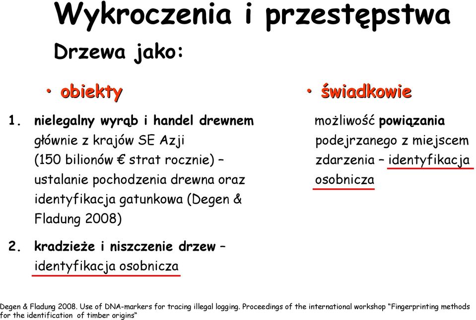 gatunkowa (Degen & Fladung 2008) świadkowie możliwość powiązania podejrzanego z miejscem zdarzenia identyfikacja osobnicza 2.