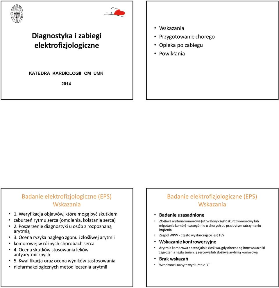 Ocena ryzyka nagłego zgonu i złośliwej arytmii komorowej w różnych chorobach serca 4. Ocena skutków stosowania leków antyarytmicznych 5.