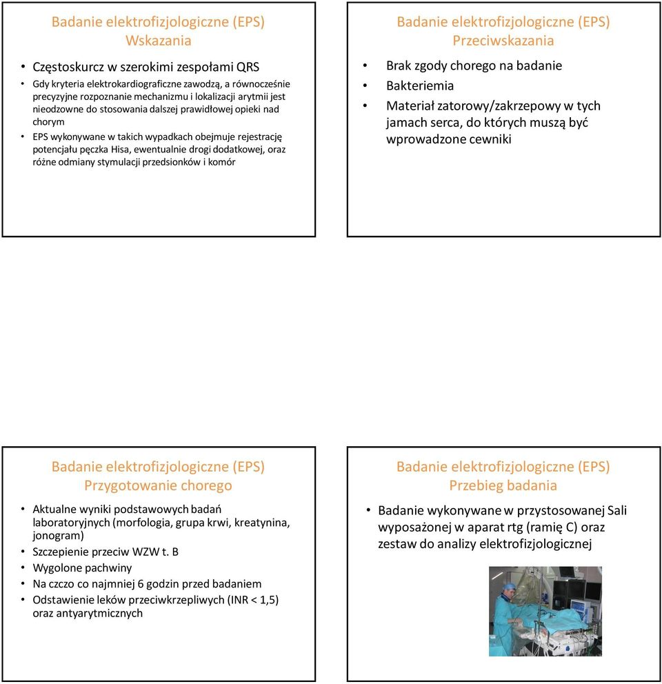 Przeciwskazania Brak zgody chorego na badanie Bakteriemia Materiał zatorowy/zakrzepowy w tych jamach serca, do których muszą być wprowadzone cewniki Przygotowanie chorego Aktualne wyniki podstawowych