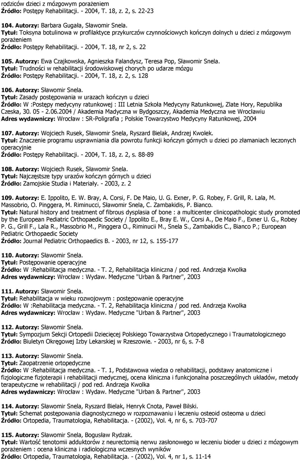 Autorzy: Ewa Czajkowska, Agnieszka Falandysz, Teresa Pop, Sławomir Snela. Tytuł: Trudności w rehabilitacji środowiskowej chorych po udarze mózgu Źródło: Postępy Rehabilitacji. - 2004, T. 18, z. 2, s.