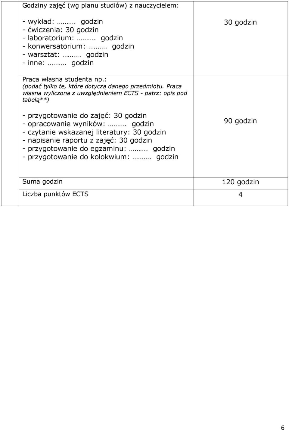 Praca własna wyliczona z uwzględnieniem ECTS - patrz: opis pod tabelą**) - przygotowanie do zajęć: 30 godzin - opracowanie wyników:.