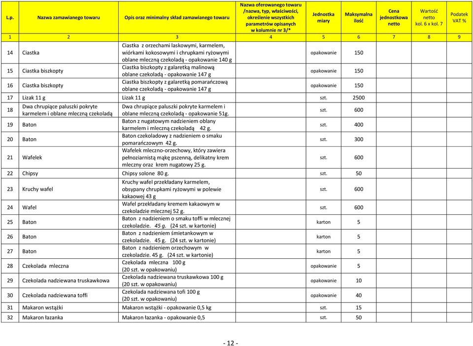 11 g szt. 2500 18 Dwa chrupiące paluszki pokryte karmelem i oblane mleczną czekoladą 19 Baton 20 Baton 21 Wafelek Dwa chrupiące paluszki pokryte karmelem i oblane mleczną czekoladą - opakowanie 51g.