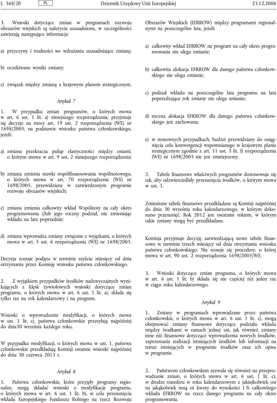 Obszarów Wiejskich (EFRROW) między programami regionalnymi na poszczególne lata, jeżeli: a) całkowity wkład EFRROW na program na cały okres programowania nie ulega zmianie; b) oczekiwane wyniki