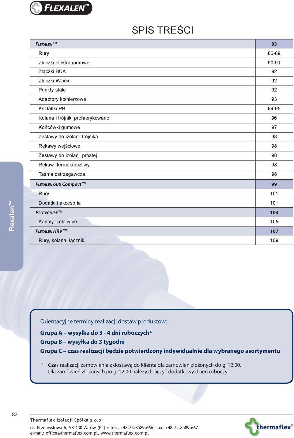 103 Kanały izolacyjne 105 Flexalen HRV 107 Rury, kolana, łączniki 109 Orientacyjne terminy realizacji dostaw produktów: Grupa A wysyłka do 3-4 dni roboczych* Grupa B wysyłka do 3 tygodni Grupa C czas