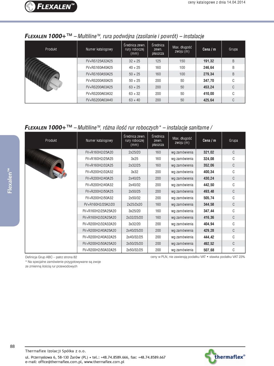 FV+RS200A63A25 63 + 25 200 50 453,24 C FV+RS200A63A32 63 + 32 200 50 410,00 C FV+RS200A63A40 63 + 40 200 50 425,64 C Flexalen 1000+ Multiline, różna ilość rur roboczych* instalacje sanitarne / Numer