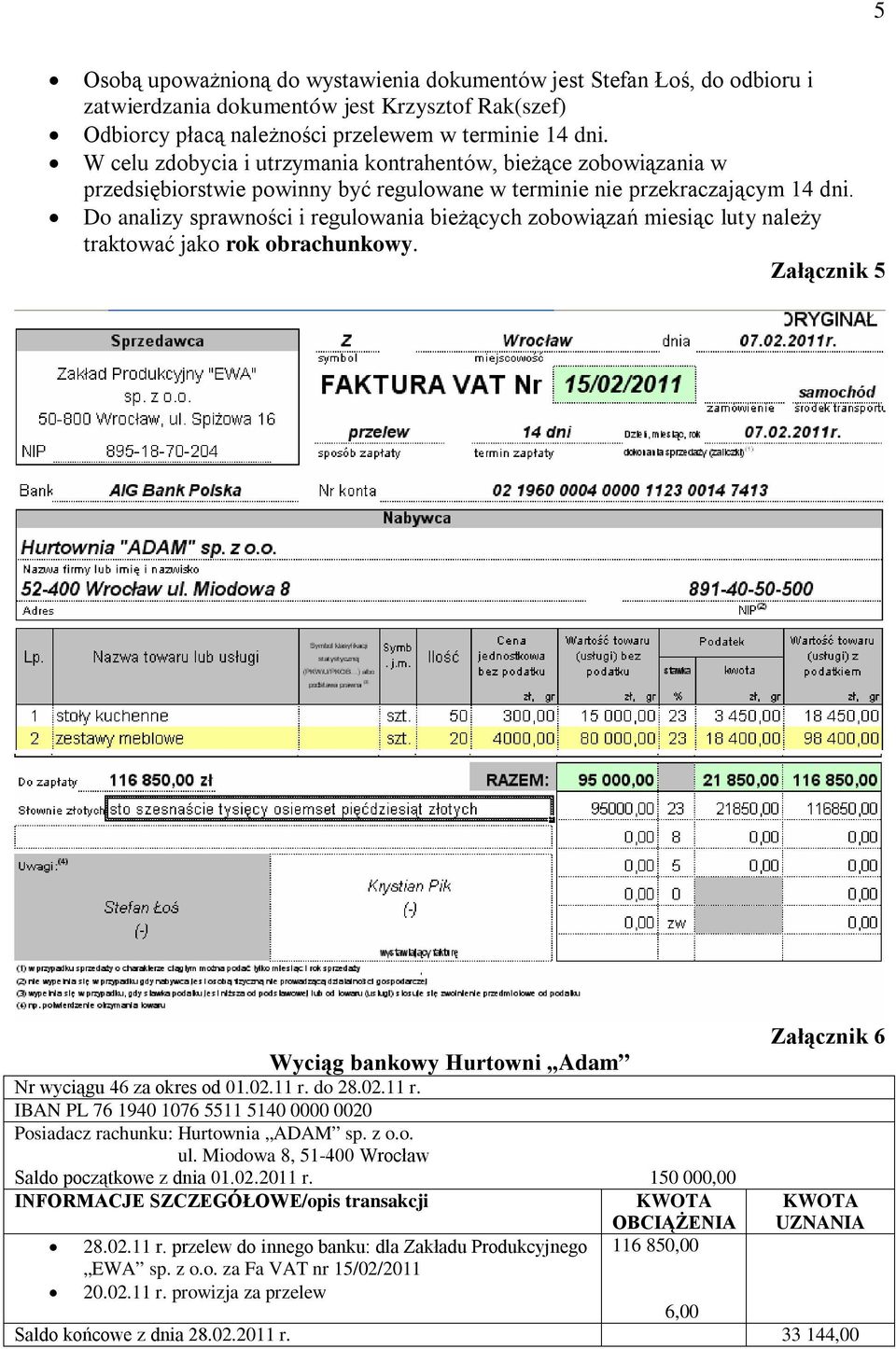 Do analizy sprawności i regulowania bieżących zobowiązań miesiąc luty należy traktować jako rok obrachunkowy. Załącznik 5 Wyciąg bankowy Hurtowni Adam Nr wyciągu 46 za okres od 01.02.11 r.