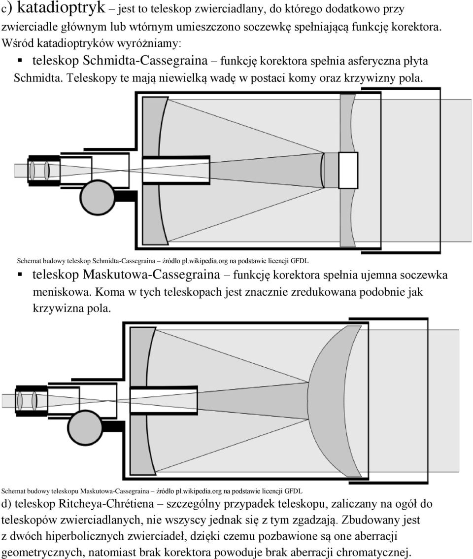 Schemat budowy teleskop Schmidta-Cassegraina źródło pl.wikipedia.org na podstawie licencji GFDL teleskop Maskutowa-Cassegraina funkcję korektora spełnia ujemna soczewka meniskowa.