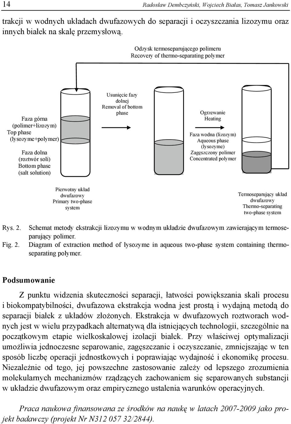 dolnej Removal of bottom phase Ogrzewanie Heating Faza wodna (lizozym) Aqueous phase (lysozyme) Zagęszczony polimer Concentrated polymer Pierwotny układ dwufazowy Primary two-phase system