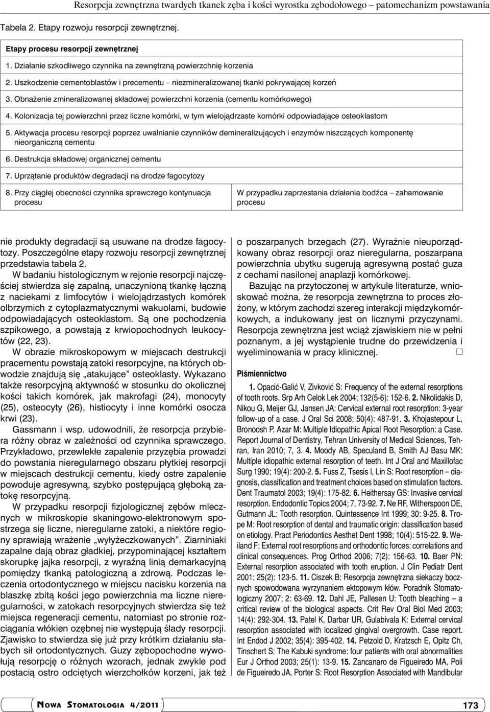 Obnażenie zmineralizowanej składowej powierzchni korzenia (cementu komórkowego) 4. Kolonizacja tej powierzchni przez liczne komórki, w tym wielojądrzaste komórki odpowiadające osteoklastom 5.