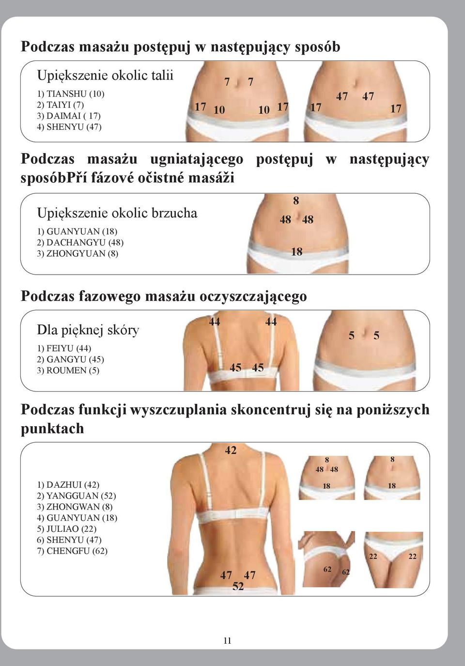 Podczas fazowego masażu oczyszczającego Dla pięknej skóry 1) FEIYU (44) 2) GANGYU (45) 3) ROUMEN (5) 44 44 45 45 5 5 Podczas funkcji wyszczuplania skoncentruj się na