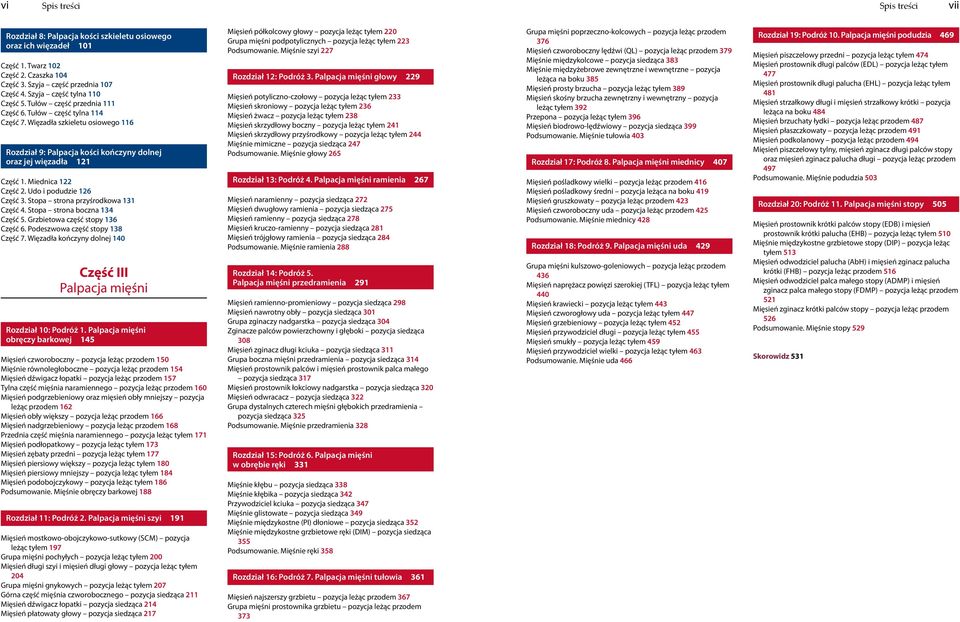 Więzadła szkieletu osiowego 116 Rozdział 9: Palpacja kości kończyny dolnej oraz jej więzadła 121 Część 1. Miednica 122 Część 2. Udo i podudzie 126 Część 3. Stopa strona przyśrodkowa 131 Część 4.