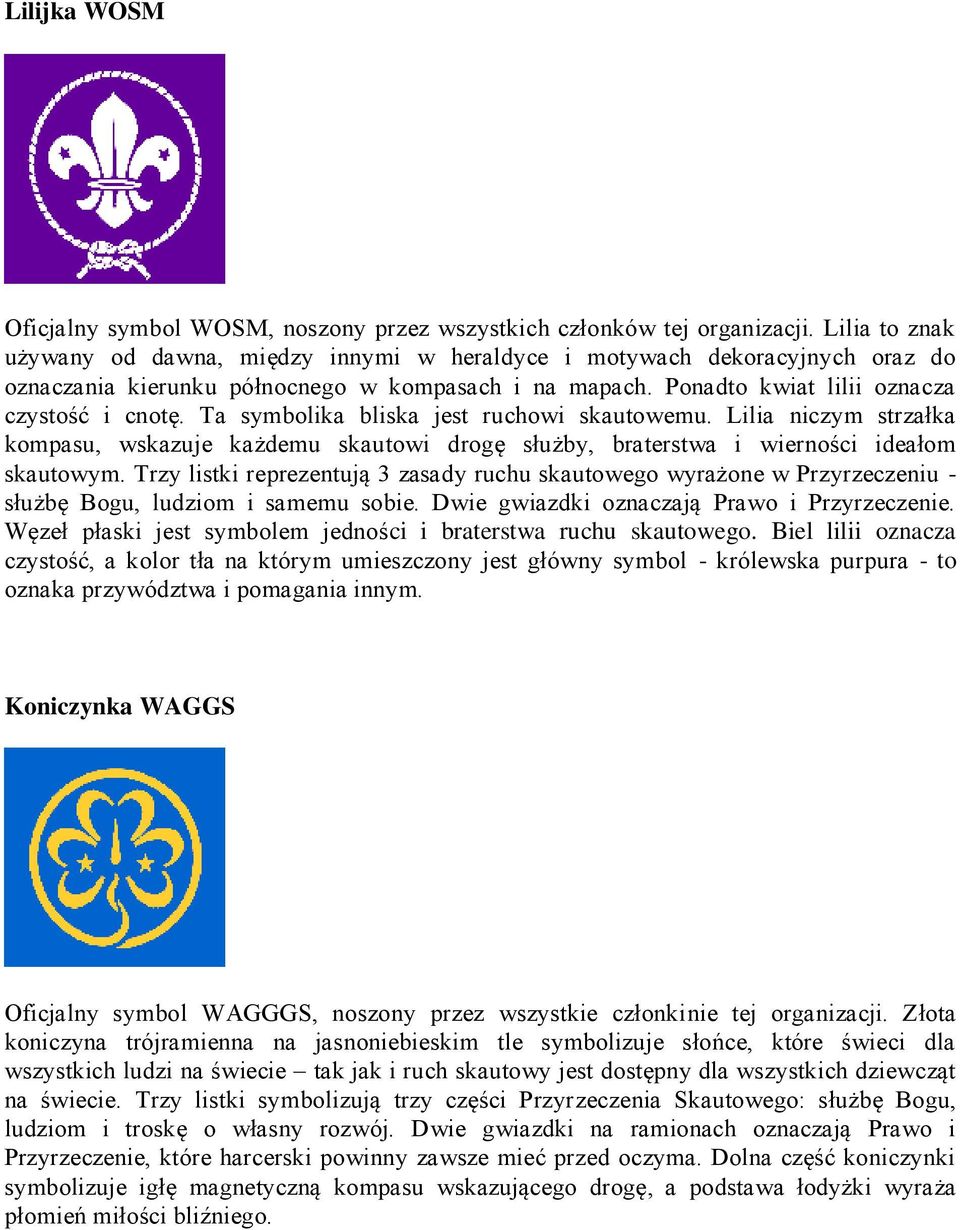 Ta symbolika bliska jest ruchowi skautowemu. Lilia niczym strzałka kompasu, wskazuje każdemu skautowi drogę służby, braterstwa i wierności ideałom skautowym.