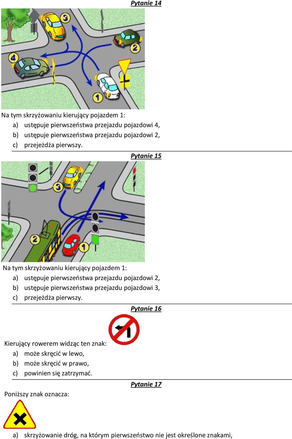 Pytanie 15 a) ustępuje pierwszeństwa przejazdu pojazdowi 2, b) ustępuje pierwszeństwa przejazdu pojazdowi 3, c) przejeżdża 