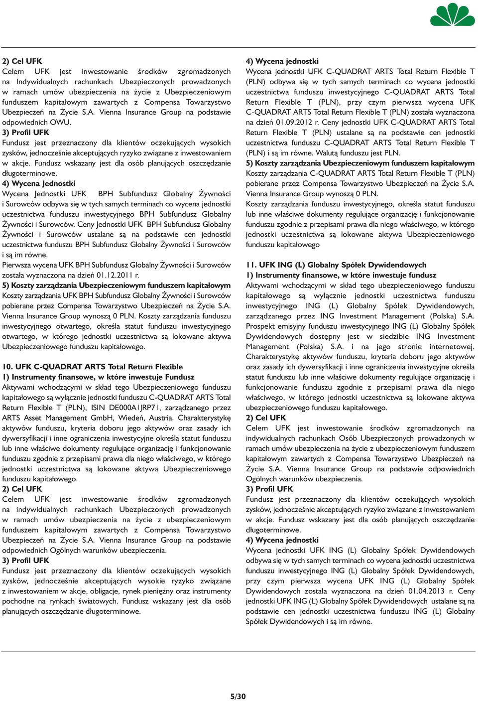 4) Wycena Jednostki Wycena Jednostki UFK BPH Subfundusz Globalny Żywności i Surowców odbywa się w tych samych terminach co wycena jednostki uczestnictwa funduszu inwestycyjnego BPH Subfundusz