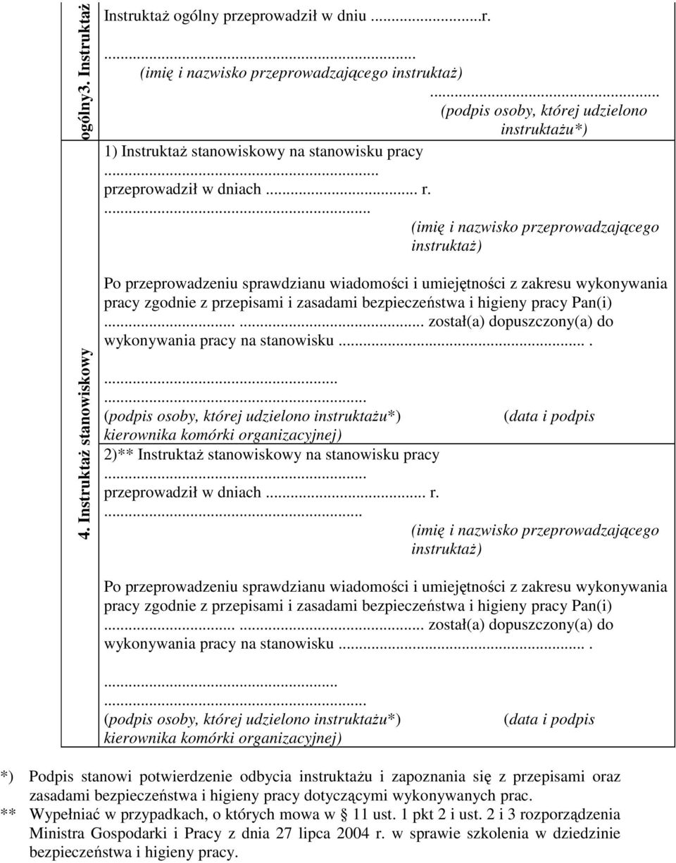 ... (imię i nazwisko przeprowadzającego instruktaŝ) Po przeprowadzeniu sprawdzianu wiadomości i umiejętności z zakresu wykonywania pracy zgodnie z przepisami i zasadami bezpieczeństwa i higieny pracy