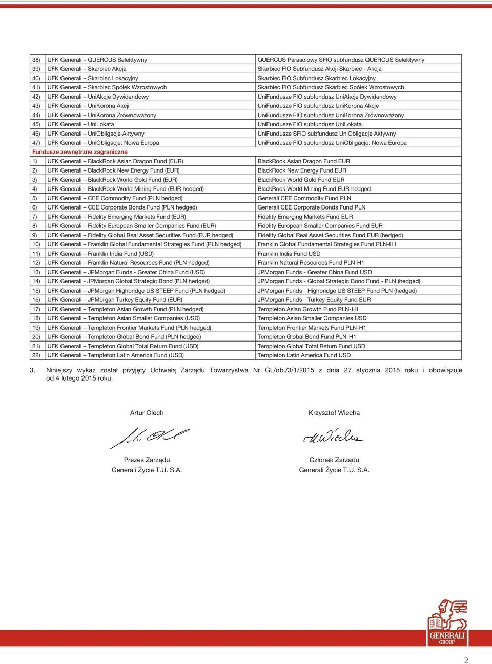 FIO subfundusz UniAkcje Dywidendowy 43) UFK Generali UniKorona Akcji UniFundusze FIO subfundusz UniKorona Akcje 44) UFK Generali UniKorona Zrównoważony UniFundusze FIO subfundusz UniKorona