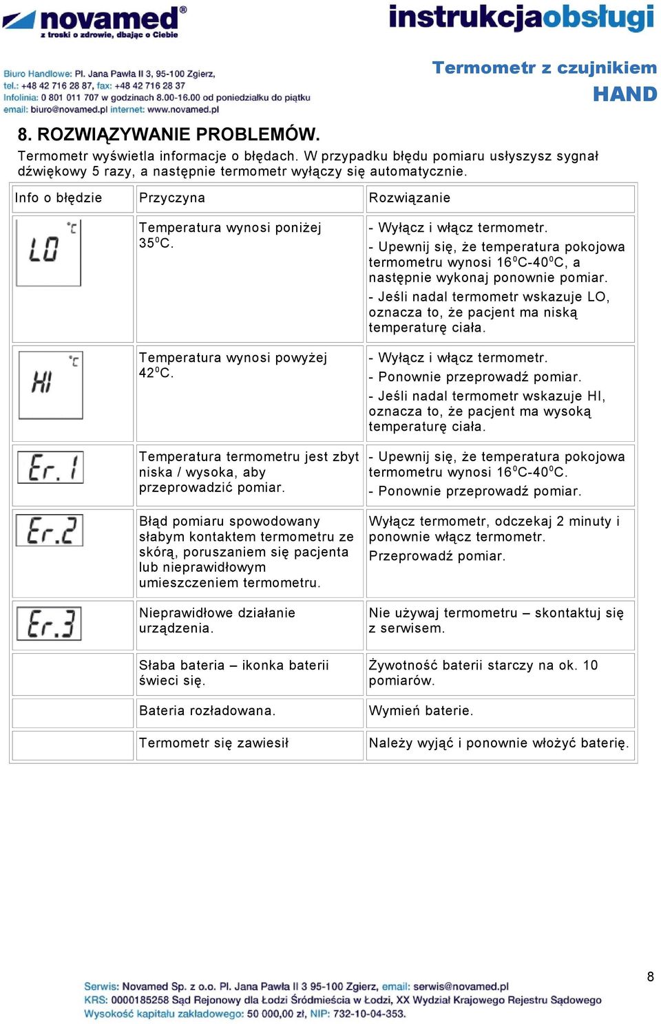 Błąd pomiaru spowodowany słabym kontaktem termometru ze skórą, poruszaniem się pacjenta lub nieprawidłowym umieszczeniem termometru. Nieprawidłowe działanie urządzenia.