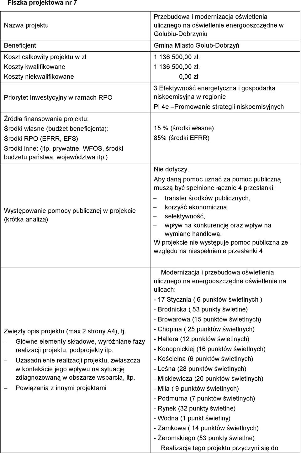 ) Występowanie pomocy publicznej w projekcie (krótka analiza) Przebudowa i modernizacja oświetlenia ulicznego na oświetlenie energooszczędne w Golubiu-Dobrzyniu Gmina Miasto Golub-Dobrzyń 1 136