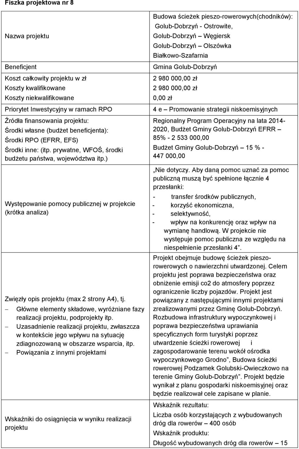 ) Występowanie pomocy publicznej w projekcie (krótka analiza) Zwięzły opis (max 2 strony A4), tj. Główne elementy składowe, wyróżniane fazy realizacji, podprojekty itp.