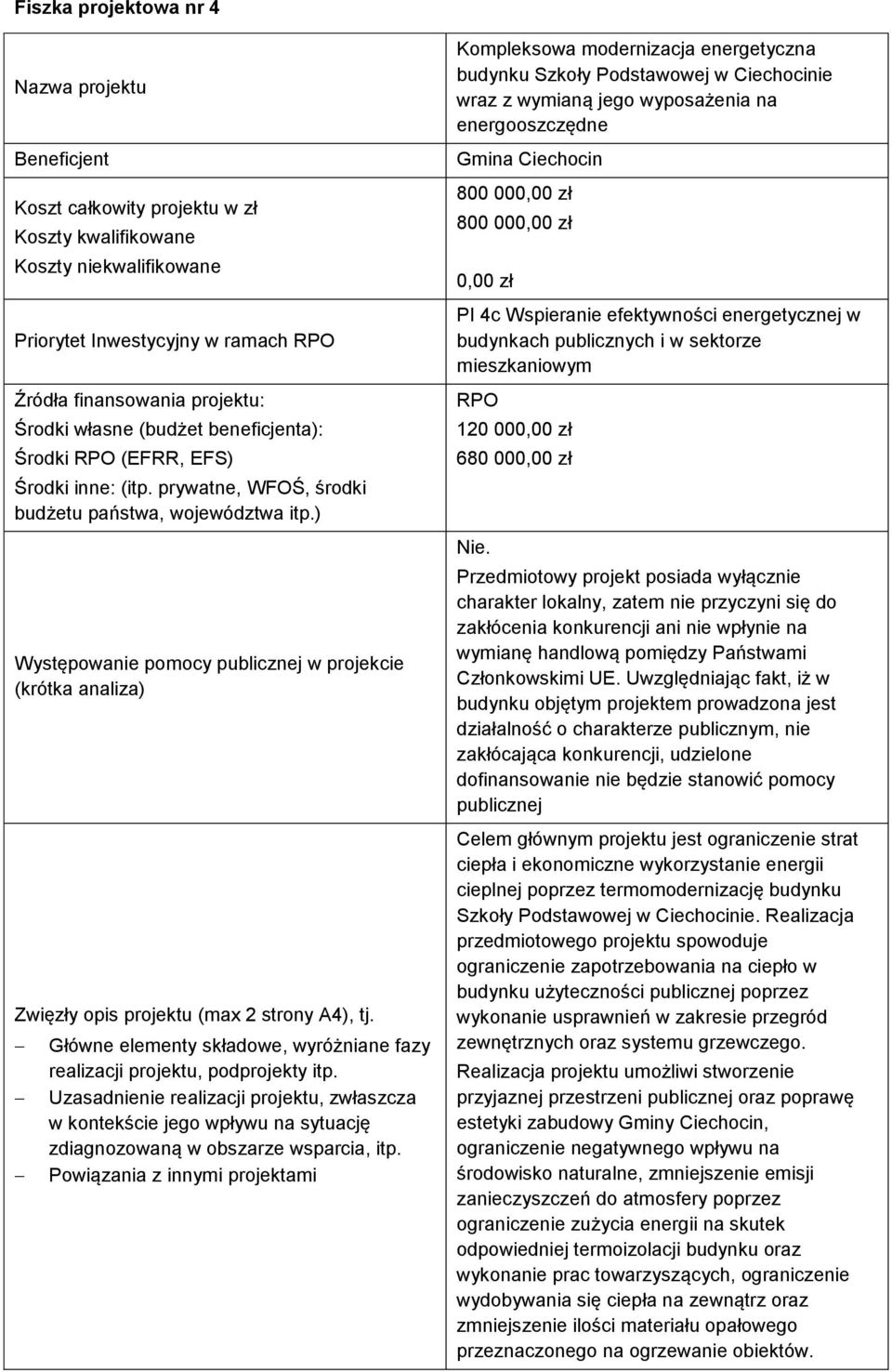 ) Występowanie pomocy publicznej w projekcie (krótka analiza) Zwięzły opis (max 2 strony A4), tj. Główne elementy składowe, wyróżniane fazy realizacji, podprojekty itp.