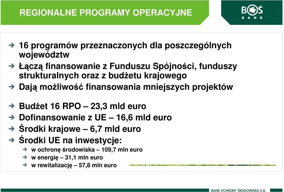 mniejszych projektów BudŜet 16 RPO 23,3 mld euro Dofinansowanie z UE 16,6 mld euro Środki krajowe 6,7 mld