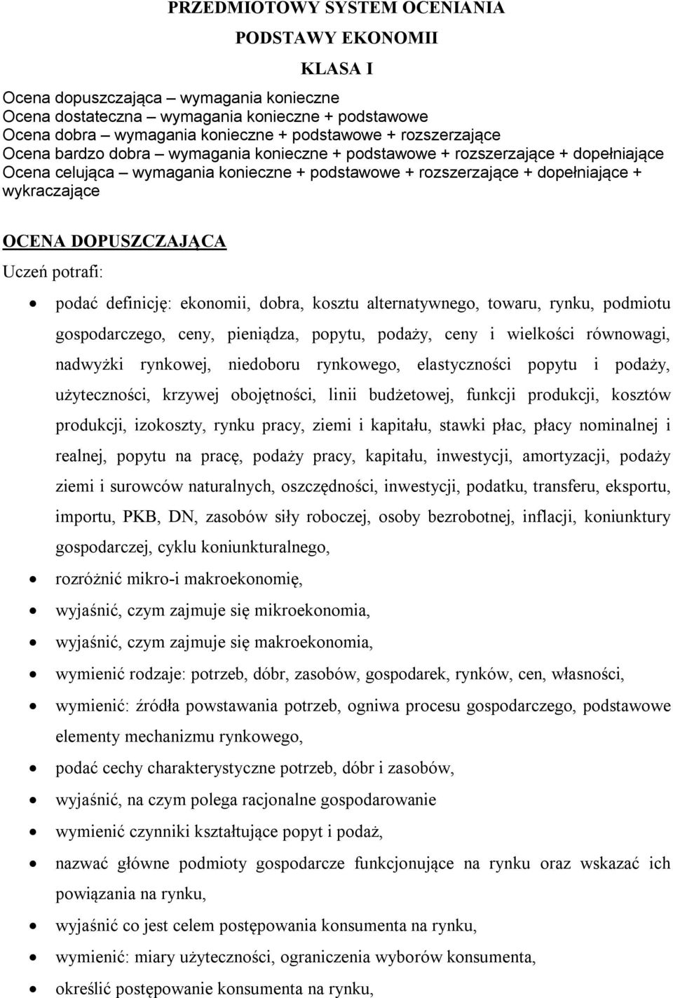 DOPUSZCZAJĄCA Uczeń potrafi: podać definicję: ekonomii, dobra, kosztu alternatywnego, towaru, rynku, podmiotu gospodarczego, ceny, pieniądza, popytu, podaży, ceny i wielkości równowagi, nadwyżki