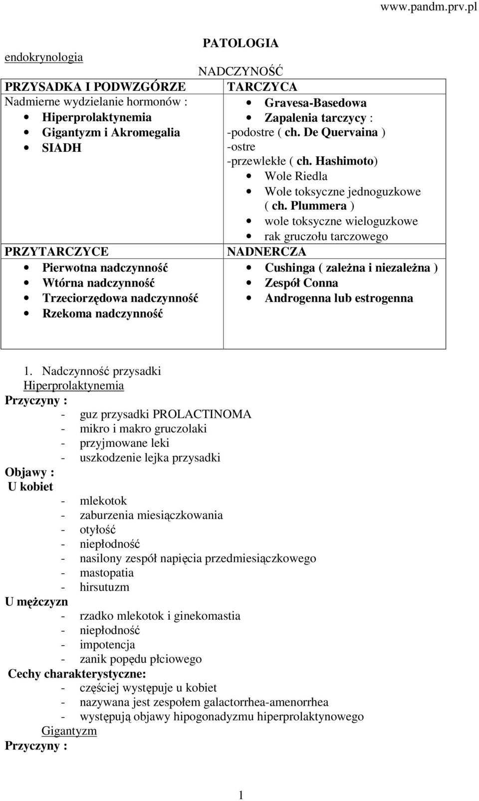 Plummera ) wole toksyczne wieloguzkowe rak gruczołu tarczowego NDNERCZ Cushinga ( zależna i niezależna ) Zespół Conna ndrogenna lub estrogenna 1.