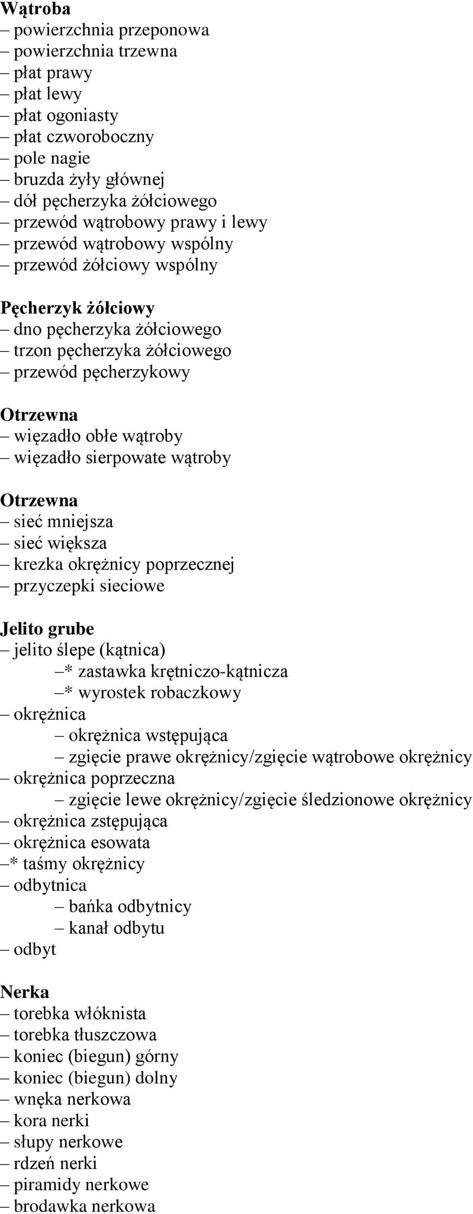 wątroby Otrzewna sieć mniejsza sieć większa krezka okrężnicy poprzecznej przyczepki sieciowe Jelito grube jelito ślepe (kątnica) * zastawka krętniczo-kątnicza * wyrostek robaczkowy okrężnica