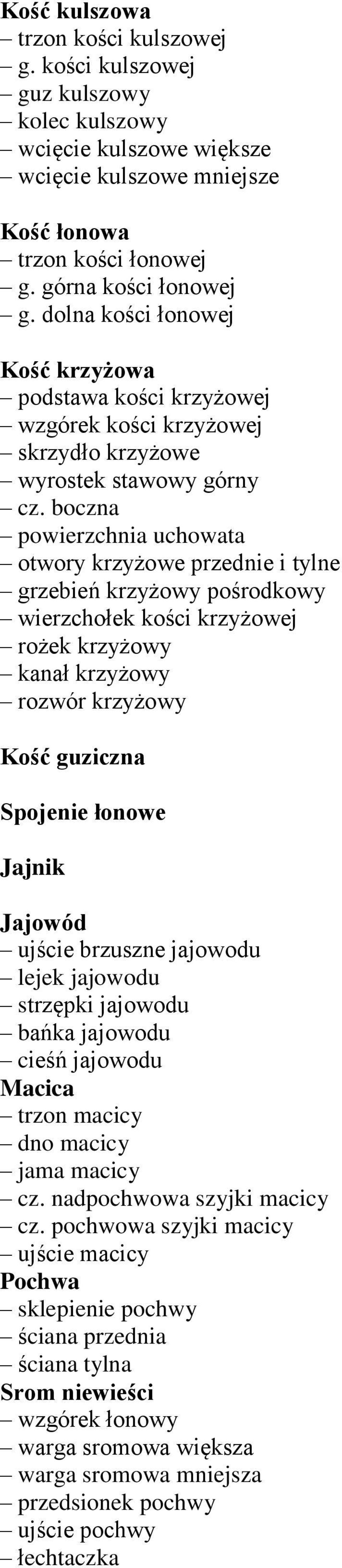 boczna powierzchnia uchowata otwory krzyżowe przednie i tylne grzebień krzyżowy pośrodkowy wierzchołek kości krzyżowej rożek krzyżowy kanał krzyżowy rozwór krzyżowy Kość guziczna Spojenie łonowe