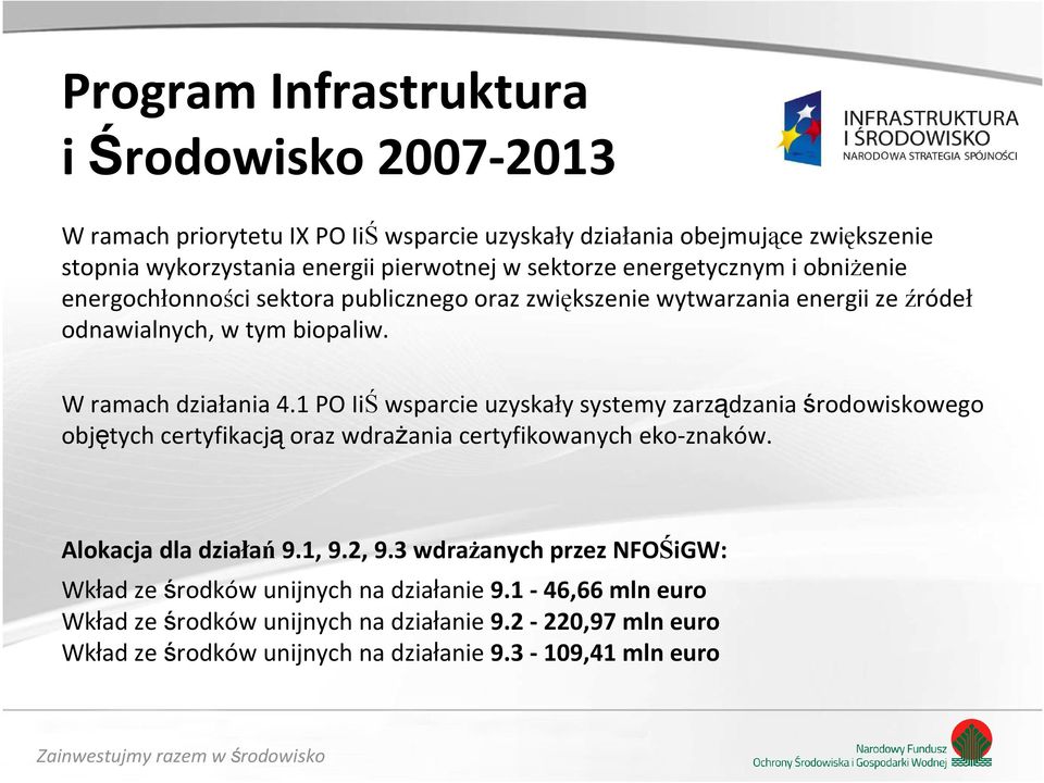 1 PO IiŚwsparcie uzyskały systemy zarządzania środowiskowego objętych certyfikacją oraz wdrażania certyfikowanych eko-znaków. Alokacja dla działań 9.1, 9.2, 9.