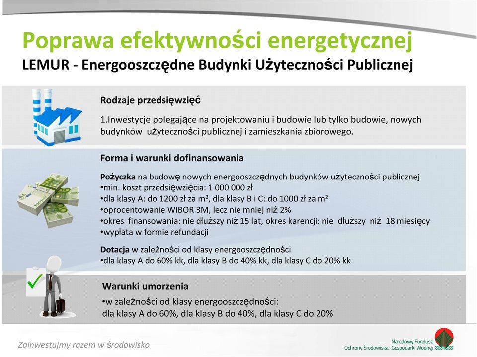 Forma i warunki dofinansowania Pożyczka na budowę nowych energooszczędnych budynków użyteczności publicznej min.