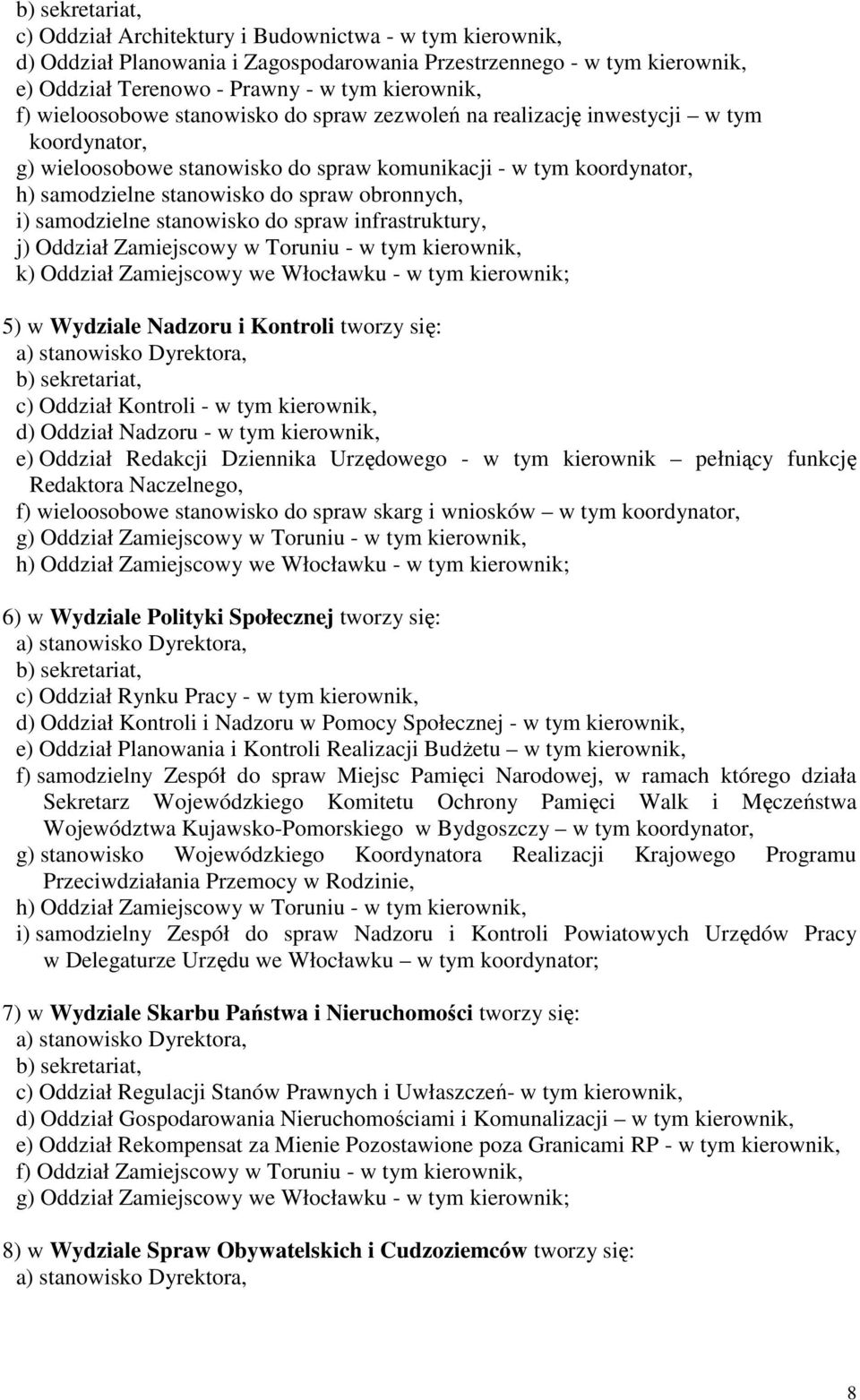obronnych, i) samodzielne stanowisko do spraw infrastruktury, j) Oddział Zamiejscowy w Toruniu - w tym kierownik, k) Oddział Zamiejscowy we Włocławku - w tym kierownik; 5) w Wydziale Nadzoru i