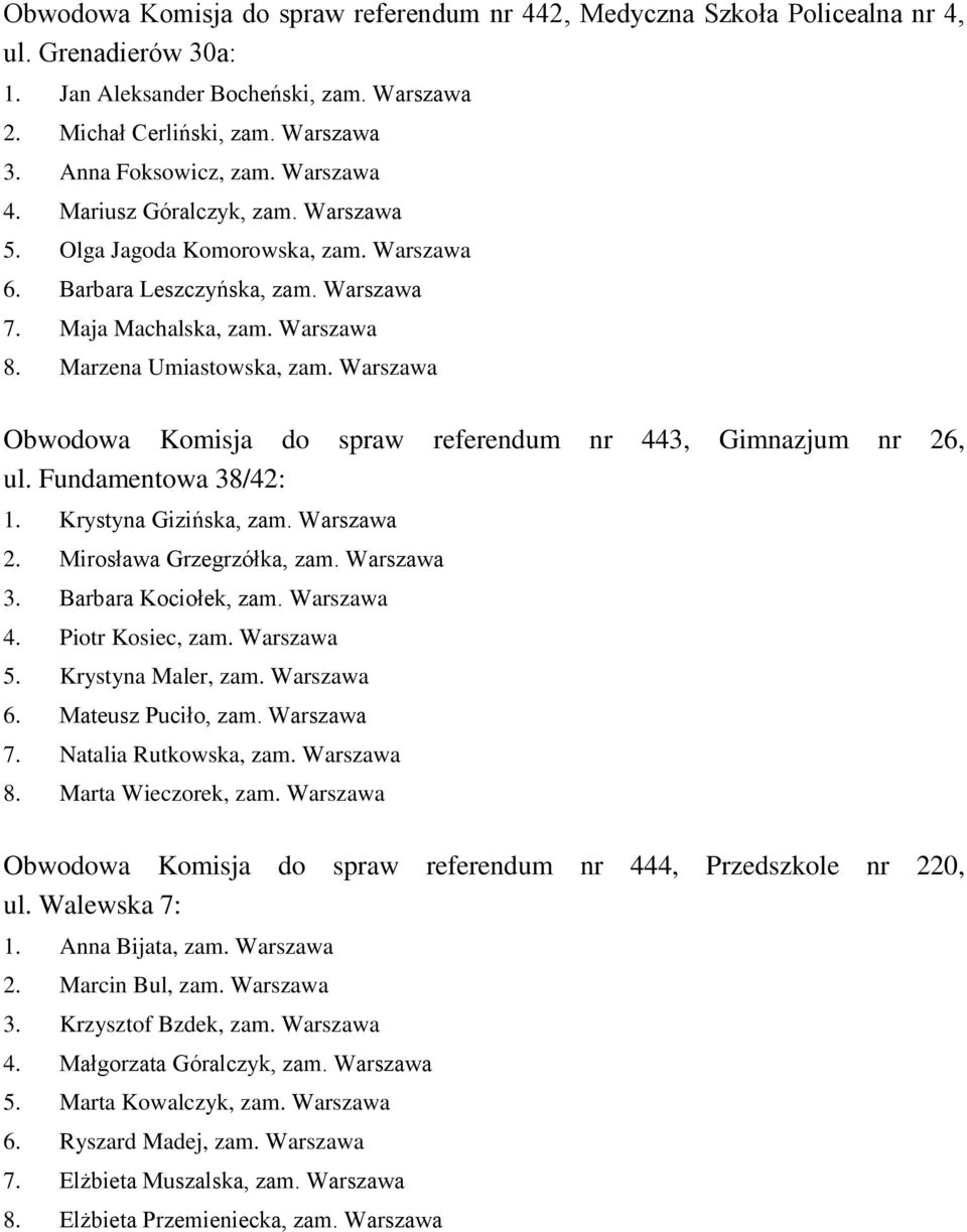 Warszawa Obwodowa Komisja do spraw referendum nr 443, Gimnazjum nr 26, ul. Fundamentowa 38/42: 1. Krystyna Gizińska, zam. Warszawa 2. Mirosława Grzegrzółka, zam. Warszawa 3. Barbara Kociołek, zam.