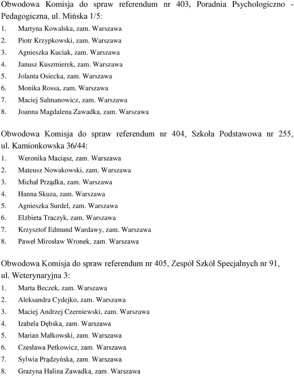 Warszawa Obwodowa Komisja do spraw referendum nr 404, Szkoła Podstawowa nr 255, ul. Kamionkowska 36/44: 1. Weronika Maciąsz, zam. Warszawa 2. Mateusz Nowakowski, zam. Warszawa 3. Michał Prządka, zam.