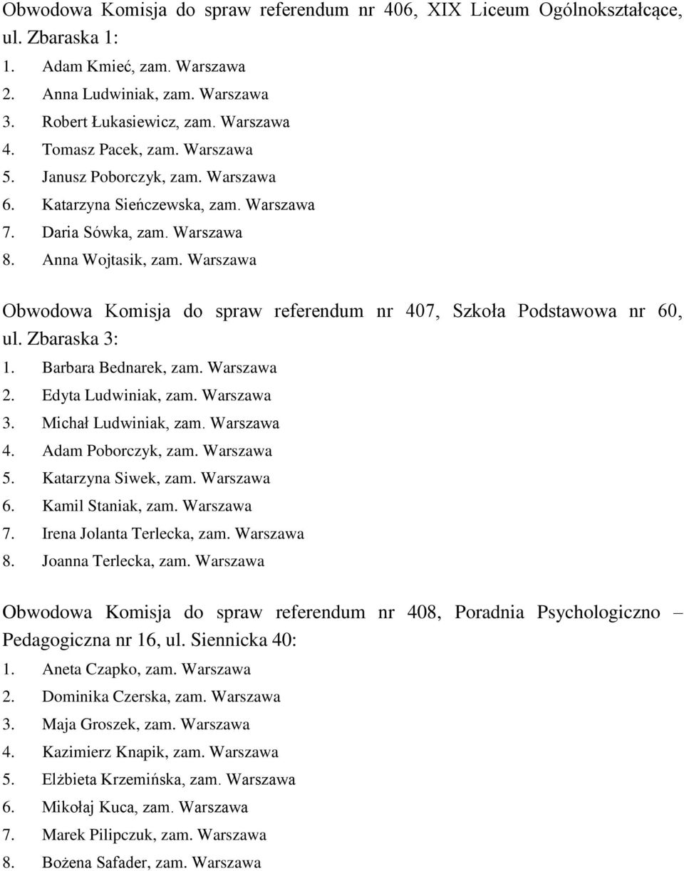 Warszawa Obwodowa Komisja do spraw referendum nr 407, Szkoła Podstawowa nr 60, ul. Zbaraska 3: 1. Barbara Bednarek, zam. Warszawa 2. Edyta Ludwiniak, zam. Warszawa 3. Michał Ludwiniak, zam.