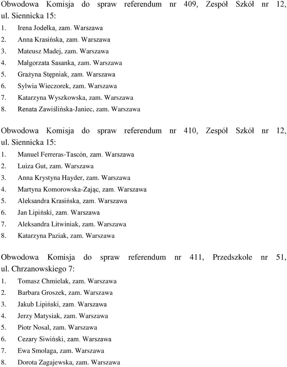 Warszawa Obwodowa Komisja do spraw referendum nr 410, Zespół Szkół nr 12, ul. Siennicka 15: 1. Manuel Ferreras-Tascón, zam. Warszawa 2. Luiza Gut, zam. Warszawa 3. Anna Krystyna Hayder, zam.