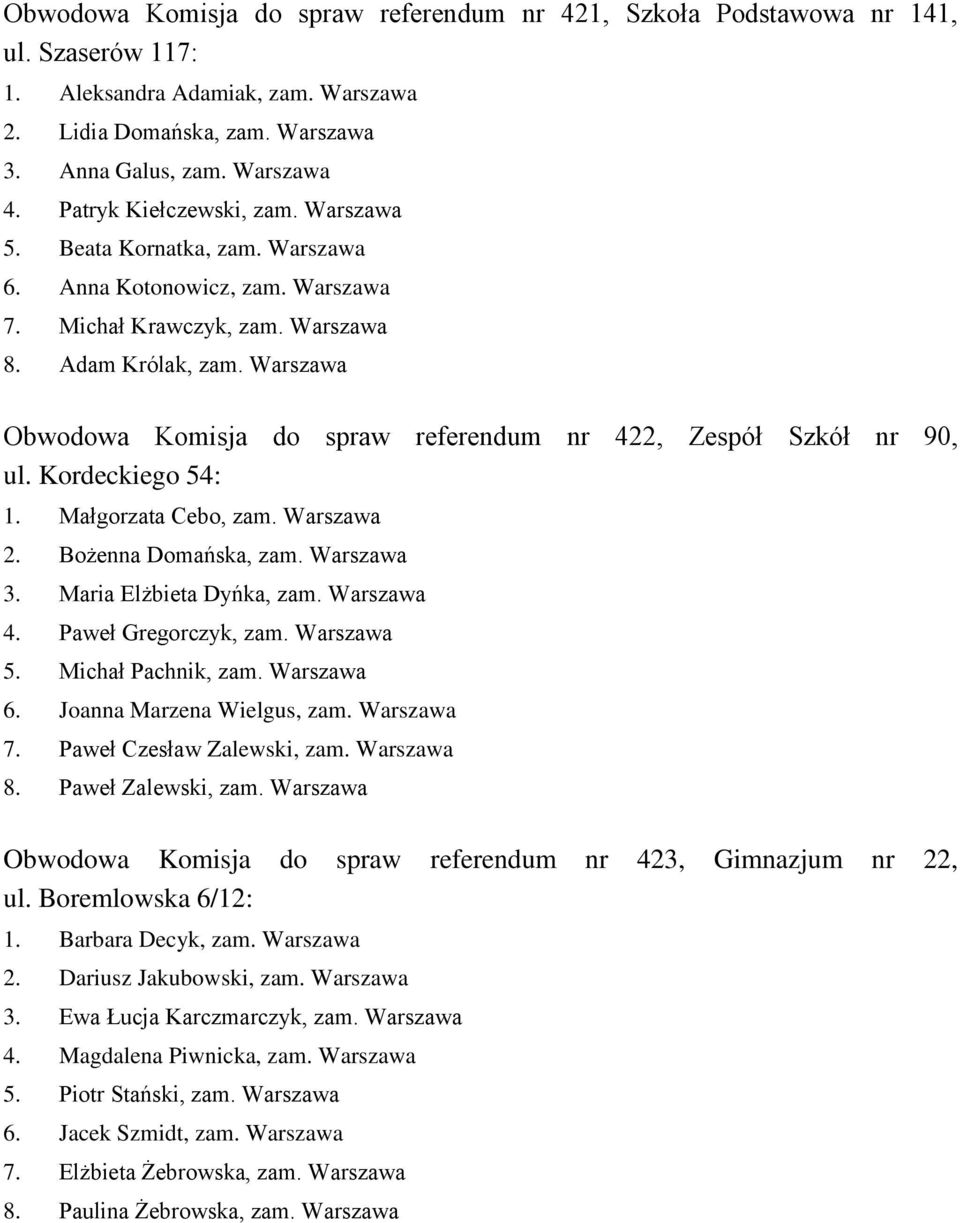 Warszawa Obwodowa Komisja do spraw referendum nr 422, Zespół Szkół nr 90, ul. Kordeckiego 54: 1. Małgorzata Cebo, zam. Warszawa 2. Bożenna Domańska, zam. Warszawa 3. Maria Elżbieta Dyńka, zam.