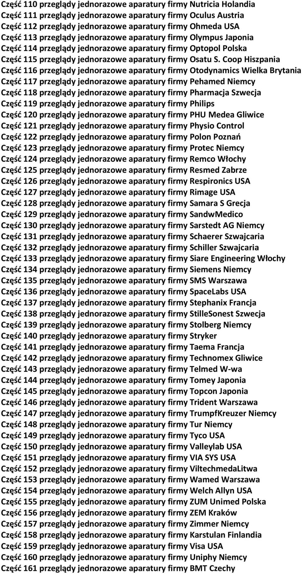 Coop Hiszpania Część 116 przeglądy jednorazowe aparatury firmy Otodynamics Wielka Brytania Część 117 przeglądy jednorazowe aparatury firmy Pehamed Niemcy Część 118 przeglądy jednorazowe aparatury
