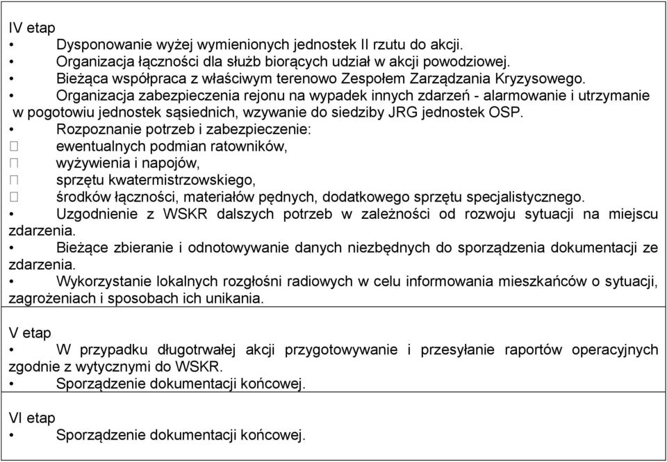 Organizacja zabezpieczenia rejonu na wypadek innych zdarzeń - alarmowanie i utrzymanie w pogotowiu jednostek sąsiednich, wzywanie do siedziby JRG jednostek OSP.