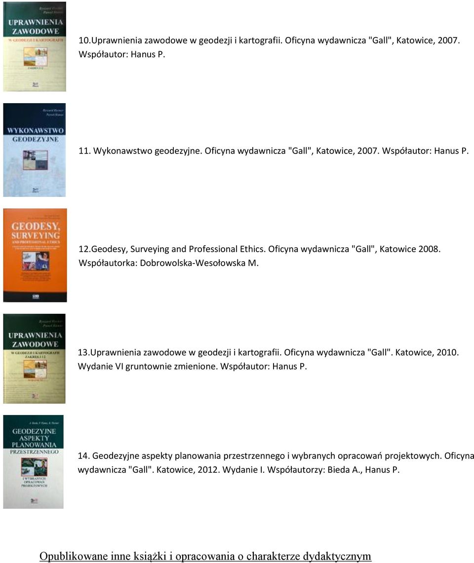 Współautorka: Dobrowolska-Wesołowska M. 13.Uprawnienia zawodowe w geodezji i kartografii. Oficyna wydawnicza "Gall". Katowice, 2010. Wydanie VI gruntownie zmienione.