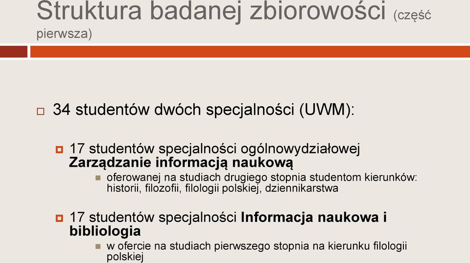 studentom kierunków: historii, filozofii, filologii polskiej, dziennikarstwa 17 studentów