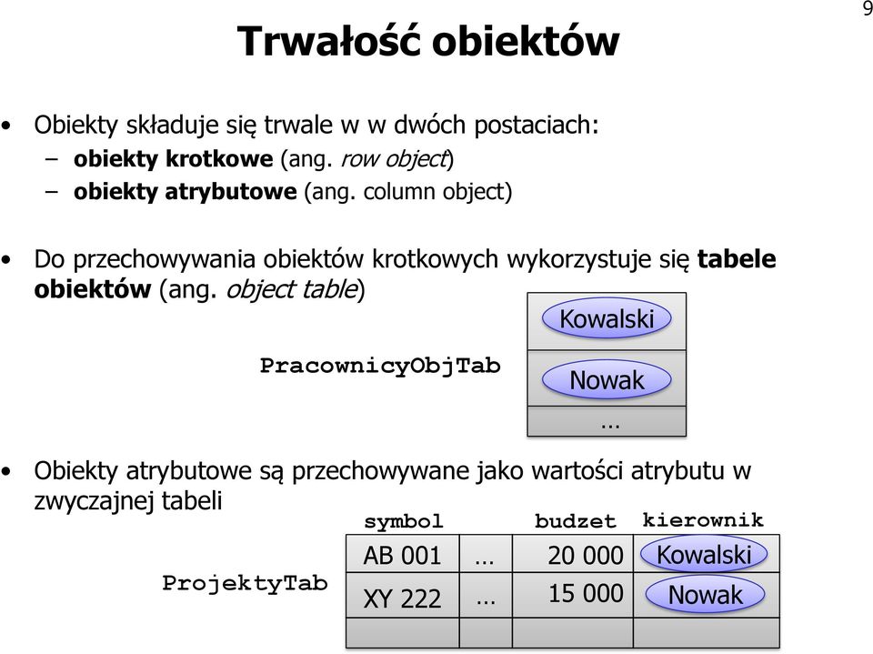 column object) Do przechowywania obiektów krotkowych wykorzystuje się tabele obiektów (ang.
