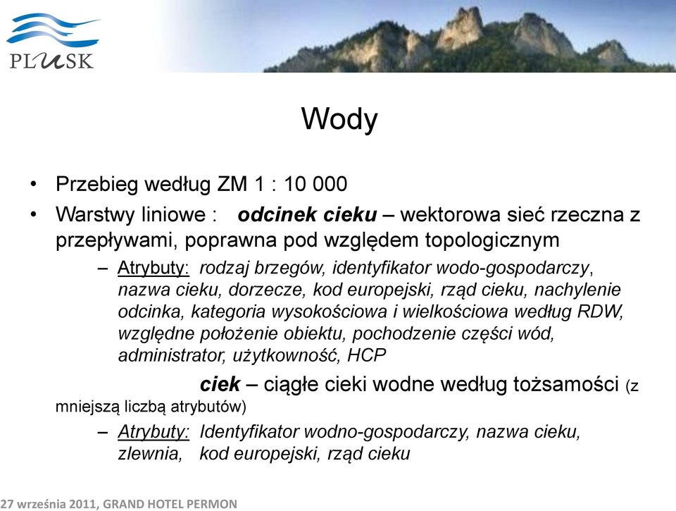 wysokościowa i wielkościowa według RDW, względne położenie obiektu, pochodzenie części wód, administrator, użytkowność, HCP ciek ciągłe cieki