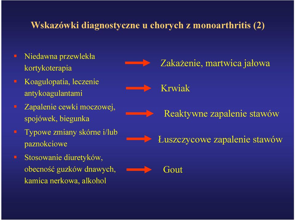 zmiany skórne i/lub paznokciowe Stosowanie diuretyków, obecność guzków dnawych, kamica
