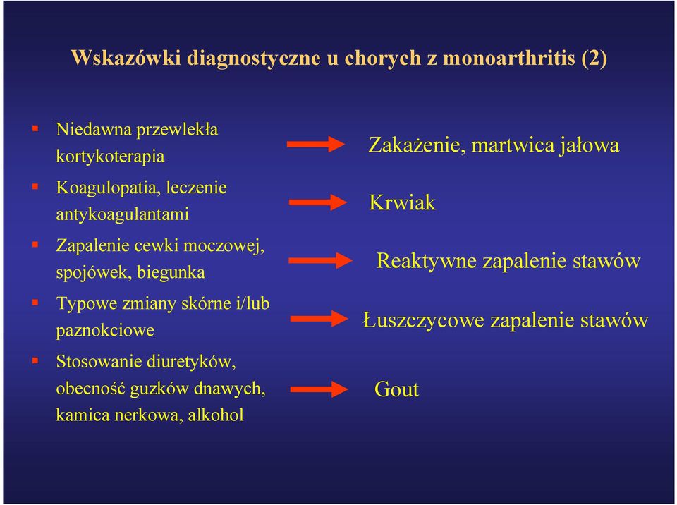 zmiany skórne i/lub paznokciowe Stosowanie diuretyków, obecność guzków dnawych, kamica